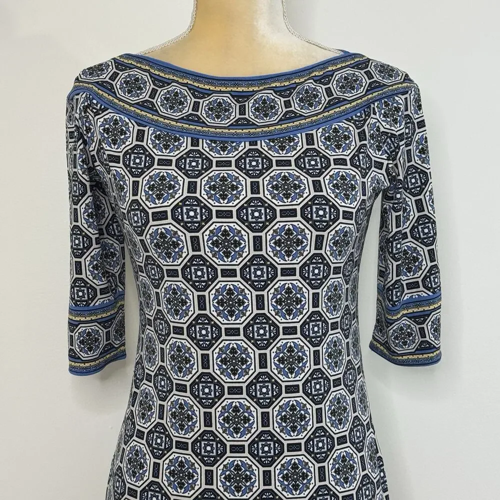 NWT Max Studio Geometric Print Boat Neck Sheath Dress Size S Blue Multi